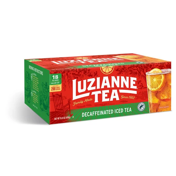 Luzianne Gallon Size Decaf Tea Bags 18 Count, a box of decaffeinated iced tea bags in red and green packaging with a glass of iced tea with lemon.