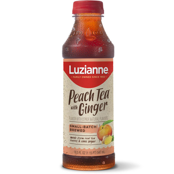 Luzianne Ready to Drink Sweet Peach Tea with Ginger 18.5 oz, bottled iced tea with a red cap, condensation on the bottle, featuring a label with peach and ginger illustrations.