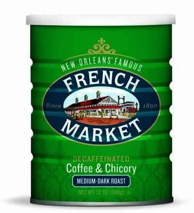 French Market Coffee Decaf Medium - Dark Roast Coffee & Chicory 12 oz. Green Can, product image of a green can with the French Market logo and label.
