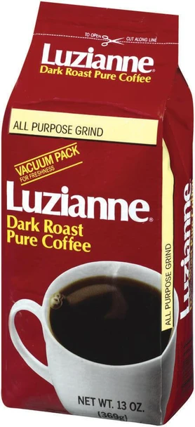 Luzianne Pure Very Dark Roast 13 oz, a package of dark roast coffee with a red bag and a white coffee cup filled with brewed coffee.