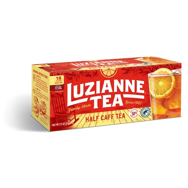 Luzianne Family Size Half Caff Iced Tea Bags 18 Count, box of tea bags for making iced tea with a picture of a glass of iced tea with lemon slices on the packaging.