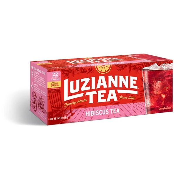 Luzianne Family Hibiscus Iced Tea Bags 22 Count, box of tea bags with a glass of iced hibiscus tea.