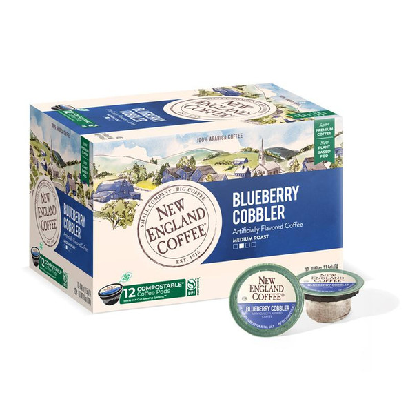 New England Coffee Blueberry Cobbler Single Serve 12 ct Box, package with artful illustration of New England landscape and coffee pods.