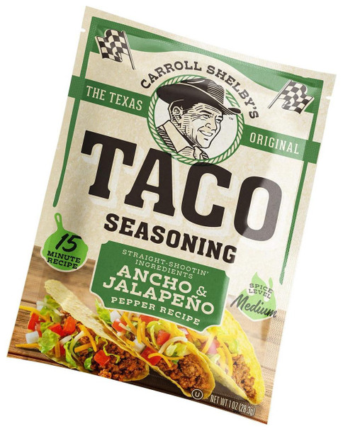 Carroll Shelby's Taco Seasoning 1 oz, seasoning packet with image of seasoned tacos with lettuce, cheese, and meat.