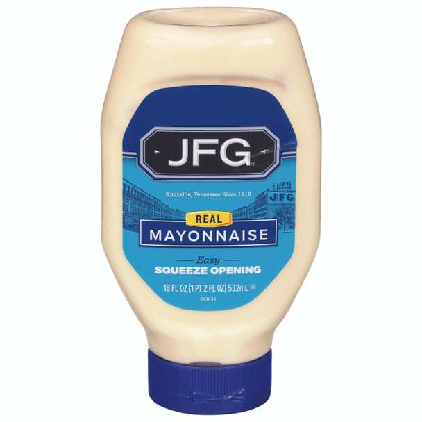 JFG Mayonnaise 18 oz, bottle of creamy mayonnaise in a squeeze bottle with a blue label and blue cap, featuring the JFG logo and information about the product.