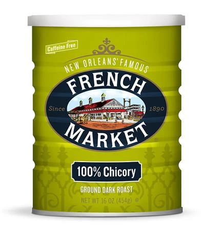 French Market Coffee Dark Roast 100% Ground Chicory 16 oz Can, green container with product label and logo, caffeine free, ground dark roast flavor.