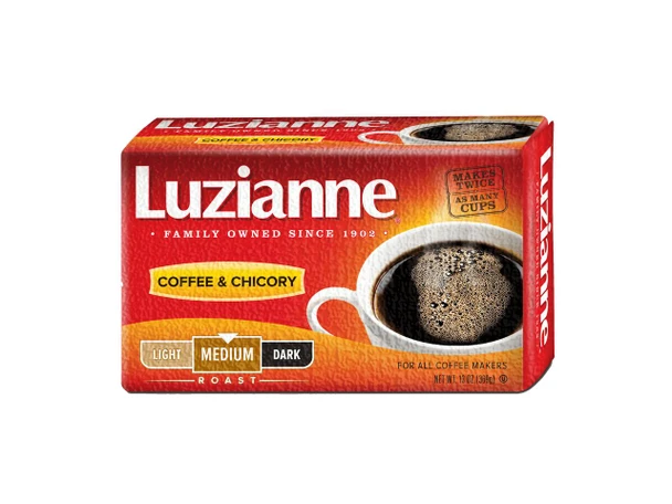Luzianne Red Label C&C Bag Fac 13 oz, a rectangular box of coffee with a red and orange design featuring a cup of coffee on the front.