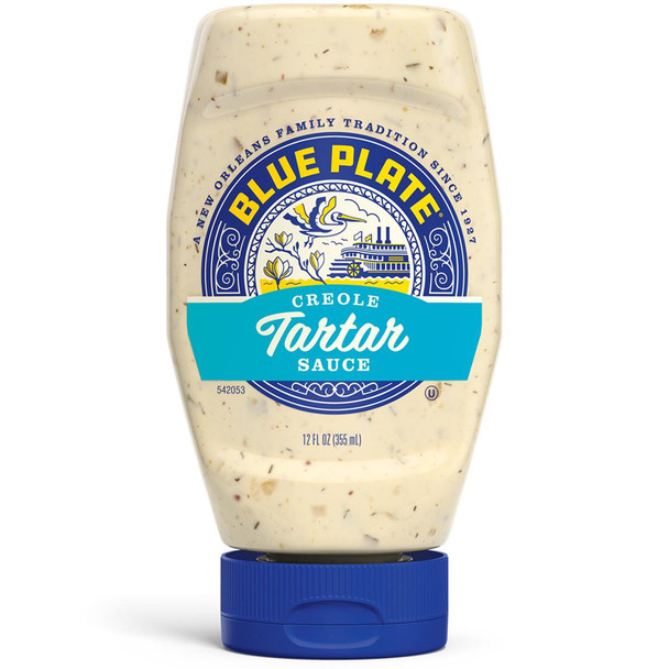 Blue Plate Creole Tartar Sauce 12 oz, transparent bottle of seafood condiment with blue label featuring yellow and white accents, containing creamy tartar sauce with herbs and spices.