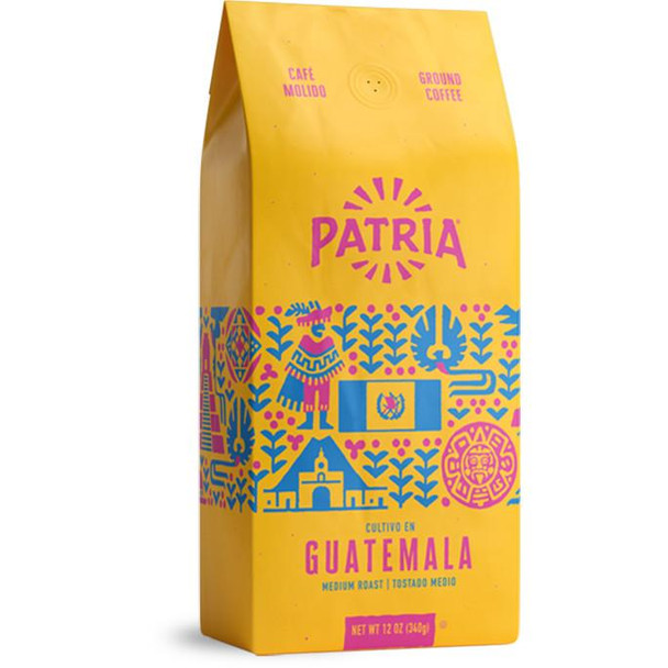 Patria Guatemala Tostado Medio Medium Roast 12 oz, yellow coffee bag with colorful traditional Guatemalan design and logo.