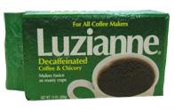 Luzianne Medium Roast C&C Decaffeinated 13 oz, green coffee box with product name and a cup of coffee illustration