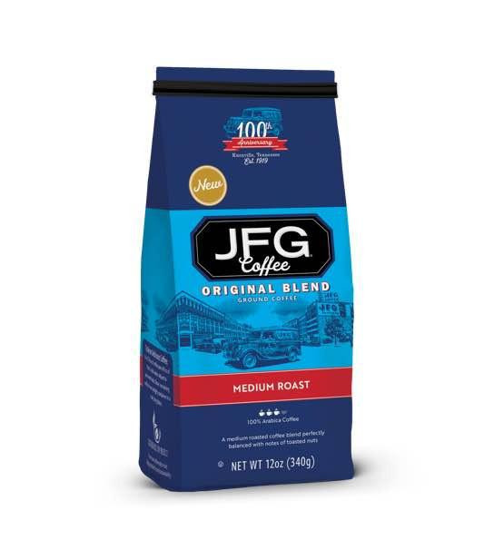 JFG Original Blend Medium Roast 12 oz, ground coffee package with blue and red design, showing a train and buildings, highlighting 100% Arabica Coffee.