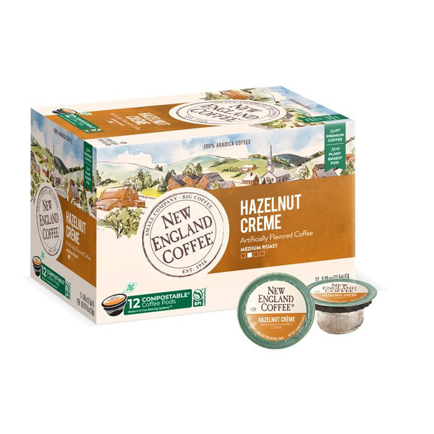 New England Coffee Hazelnut Creme Single Serve 12 ct Box, packaging featuring a scenic illustration of a New England town and single-serve coffee pods.