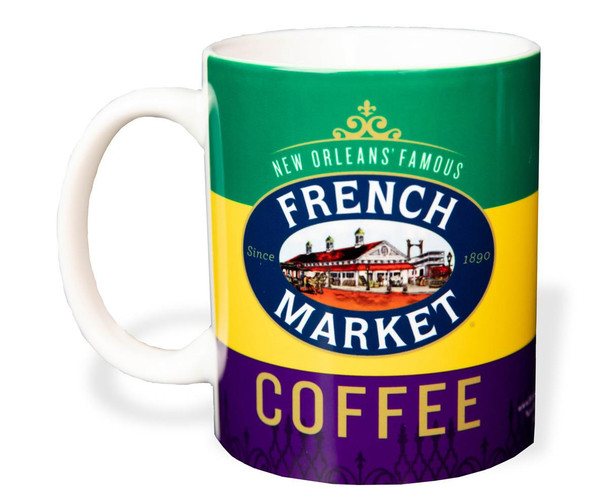 French Market Coffee Ceramic Mardi Gras Mug, colorful ceramic mug featuring the French Market logo and Mardi Gras theme.