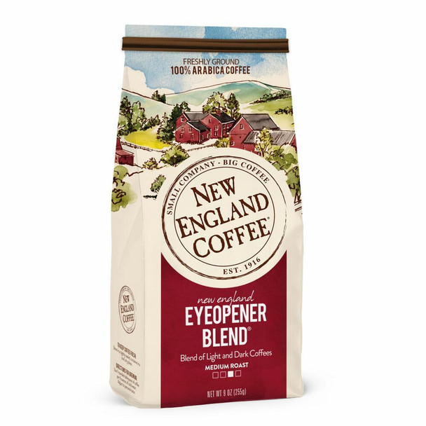 New England Coffee Eyeopener Blend Ground 9 oz, a package of coffee with a scenic illustration of a rural landscape and a red barn.