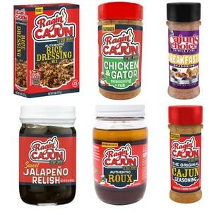 Ragin' Cajun Holiday Bundle, collection of Cajun spice products including rice dressing mix, seasoning for chicken and gator, jalapeño relish, roux, and Cajun seasoning in jars and bottles