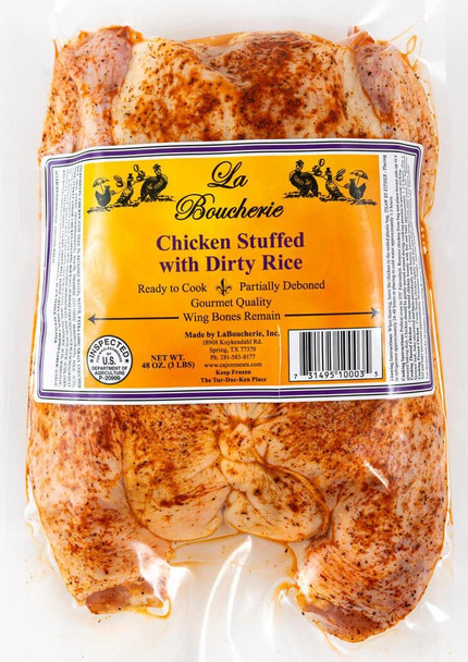 La Boucherie Dirty Rice Stuffed Cajun Style Chicken, packaged raw chicken with seasoned dirty rice stuffing, ready to cook, partially deboned with wing bones remaining.