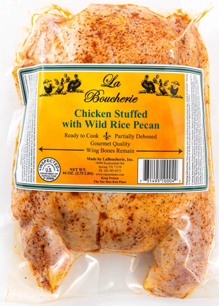 La Boucherie Wild Rice Pecan Stuffed Cajun Style Chicken, packaged raw chicken with Cajun seasoning and stuffing, ready to cook.