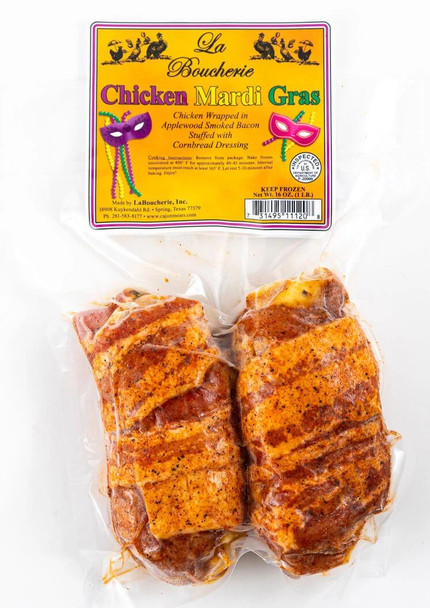 La Boucherie Bacon Wrapped Mardi Gras Chicken 1 lb, packaged raw chicken wrapped in bacon with seasoning, ready for cooking.