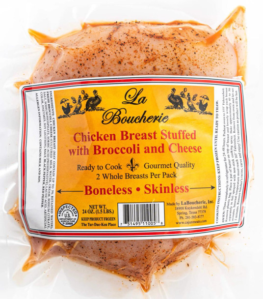 La Boucherie Broccoli and Cheese Stuffed Cajun Chicken Breast 24oz, packaged raw chicken breast stuffed with broccoli and cheese, in a clear vacuum-sealed bag with a yellow label.