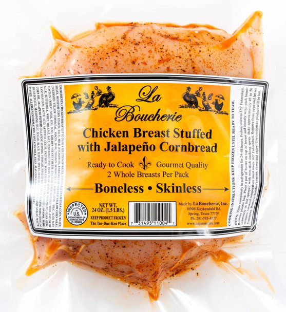 La Boucherie Jalapeño Cornbread Stuffed Cajun Chicken Breast 24oz, packaged boneless and skinless whole chicken breasts with jalapeño cornbread stuffing ready to cook, featuring bold flavors and gourmet quality.