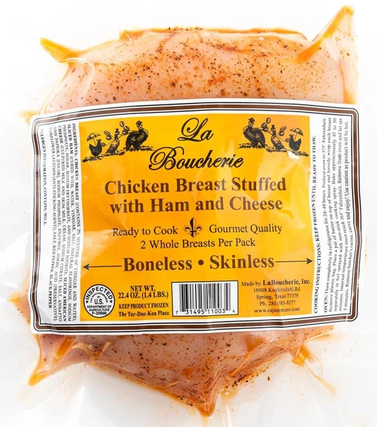 La Boucherie Ham & Cheese Stuffed Cajun Chicken Breast 24oz, raw stuffed chicken breast with ham and cheese, ready to cook.