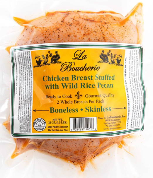 La Boucherie Wild Rice Pecan Stuffed Cajun Chicken Breast, packaged whole chicken breasts with seasoning and stuffing visible through the transparent plastic wrap.