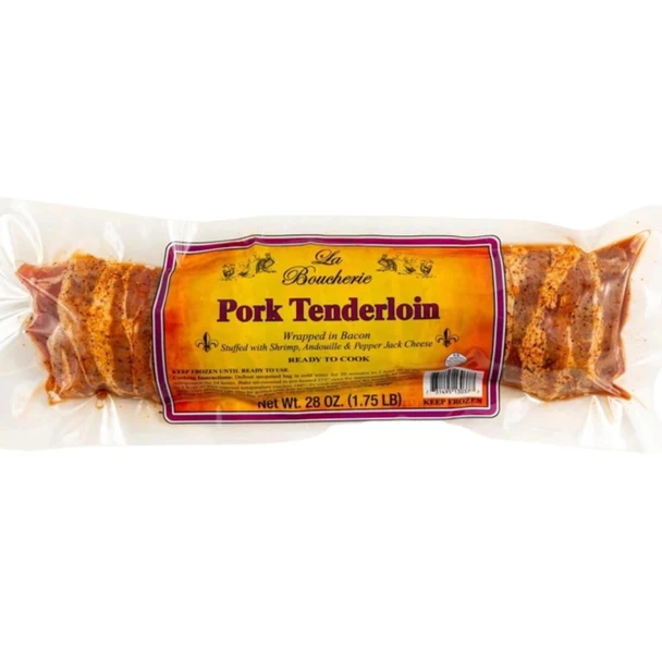 La Boucherie Bacon Wrapped Pork Tenderloin 28 - 32oz., raw pork tenderloin wrapped in bacon with seasoning, in clear plastic packaging.