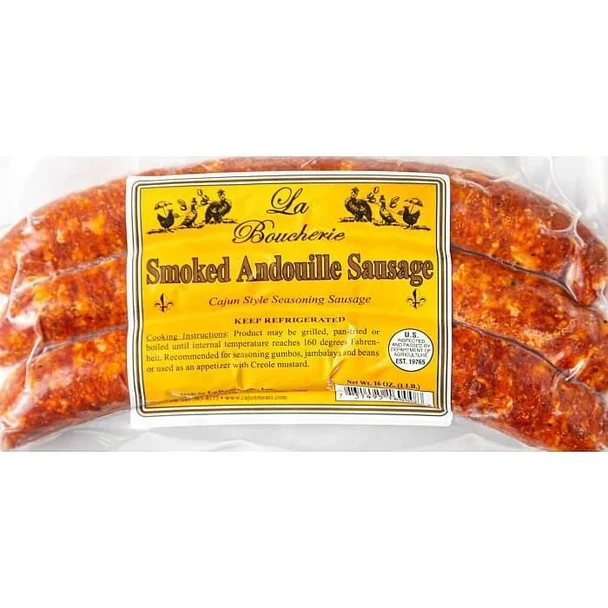 La Boucherie Smoked Andouille Sausage 16 oz, packaged smoked sausage with a yellow label showcasing the product name and description.