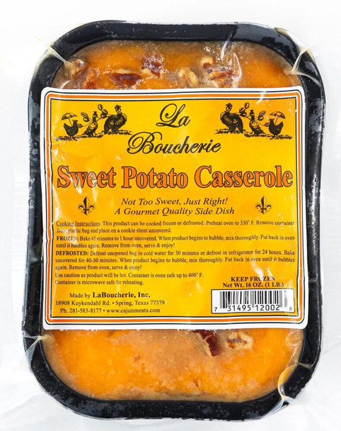La Boucherie Sweet Potato Casserole Side Dish 2 lb, packaged in a black plastic tray with a bright yellow label showing illustrations of roosters and hens.