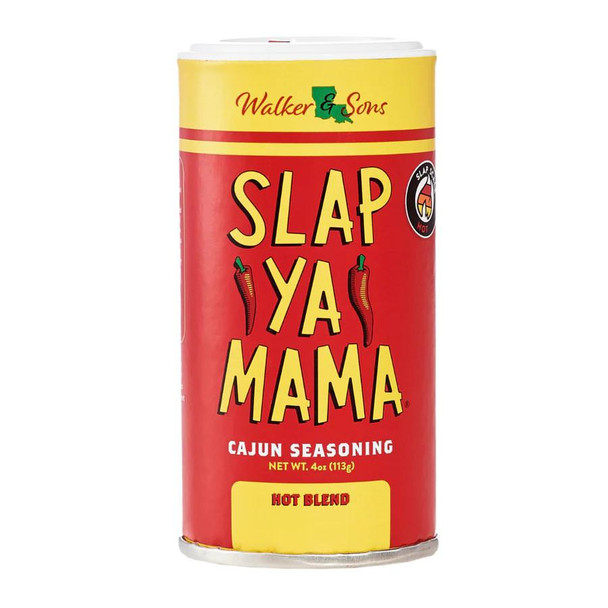 Slap Ya Mama Hot Blend Cajun Seasoning 4oz, a cylindrical spice container with red and yellow packaging showcasing the product name and illustrations of hot peppers.