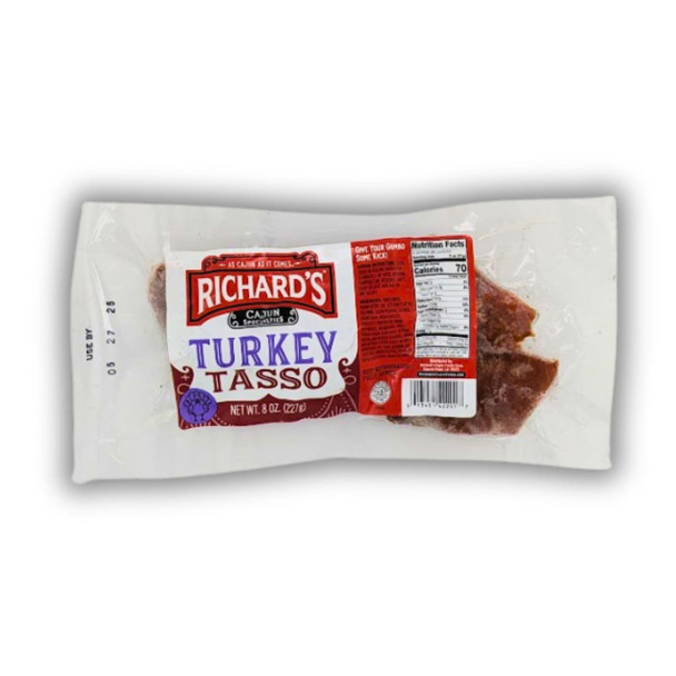 Richards Turkey Tasso, packaged sliced turkey meat in a clear plastic bag with red, purple, and white label.