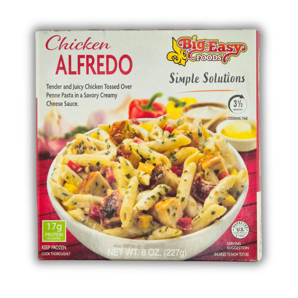 Big Easy Chicken Alfredo 8 oz. packaged frozen meal with pasta, chicken, vegetables, and creamy cheese sauce in a white bowl.