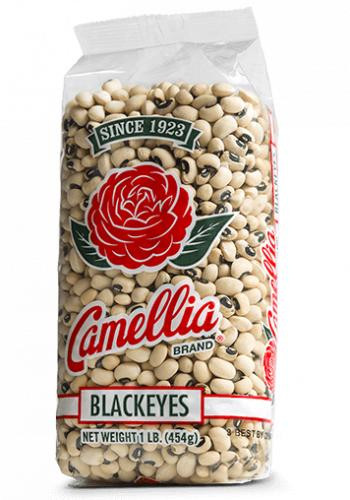 Camellia Blackeye Peas 1lb, packaged in a clear plastic bag with a red and green label featuring a red rose and the text 'Since 1923' and 'Blackeyes'.