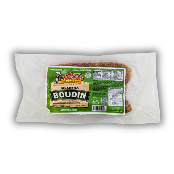 Tony Chachere's Jalapeno Boudin 12 oz, packaged Cajun sausage with jalapeno peppers visible in the meat.