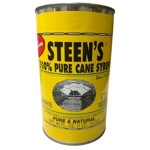 Steen's Pure Cane Syrup 46oz Can, yellow can with black and red text and a black and white illustration of a house by a pond.