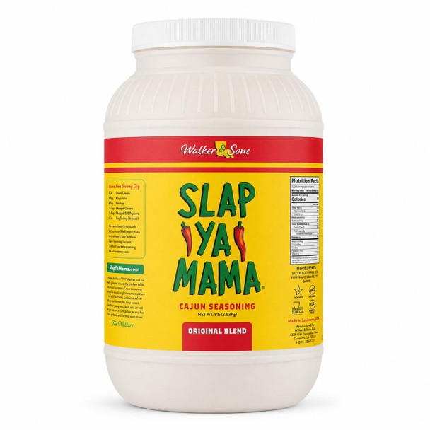 Slap Ya Mama Original Blend Cajun Seasoning 8 lb Food Service Jug, white plastic container with a colorful label featuring the product name and description.