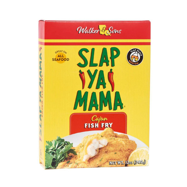 Slap Ya Mama Cajun Fish Fry 5.5lb - 1 Gallon Jug, bright yellow packaging with green and red text, featuring an image of fried fish with lemon and parsley.