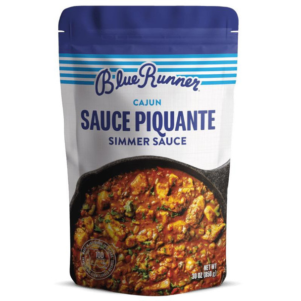 Blue Runner Sauce Piquante 30oz Pouch, front view of the product packaging with an image of seasoned seafood stew in a black skillet.