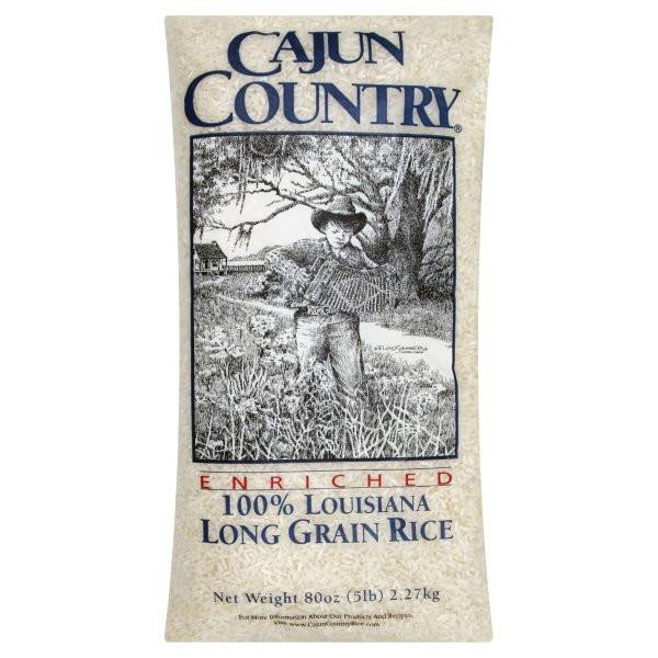 Cajun Country Long Grain Rice, 5 lb bag with a vintage illustration of a boy in a field with trees in the background.