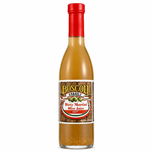 Boscoli Dirty Martini Olive Juice Hot, 12.7oz bottle, with a red cap and a label featuring green olives and red, white, green stripes.
