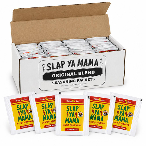 Slap Ya Mama Original Blend Seasoning Packets - 100 Count Case, image of a white box filled with individual seasoning packets and five packets displayed in front with bright yellow and red packaging.