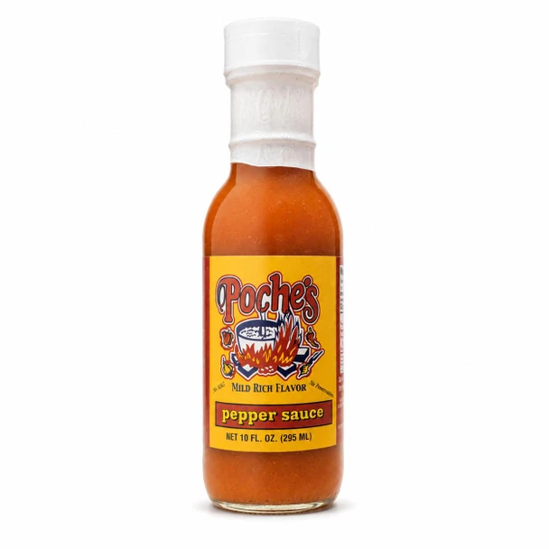 Poche's Pepper Sauce 10oz, bottle of spicy pepper sauce with bright yellow label and fiery imagery on the front.