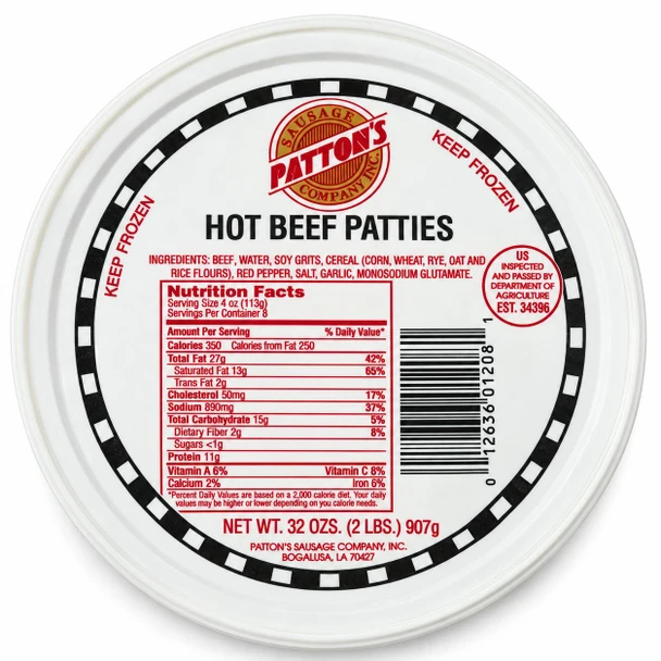 Patton's Hot Beef Sausage Patties 2lb, round frozen container lid showing the product label, nutrition facts, and 32-ounce net weight.
