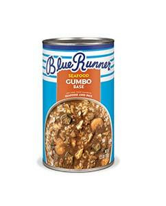 Blue Runner Seafood Gumbo Base 25oz, can of seafood gumbo base with blue and orange label featuring an image of prepared gumbo.