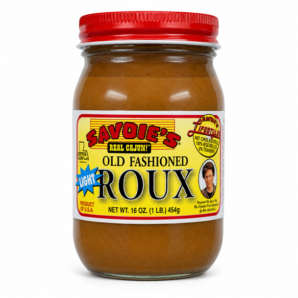 Savoie's Savoies Light Roux 16oz, jar of light roux sauce with a red lid and yellow label featuring the Savoie's logo and a photo of a man.