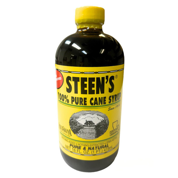 Steen's Pure Cane Syrup 16oz Bottle, black glass bottle with yellow label and yellow cap.