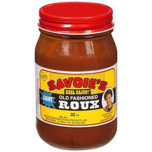 Savoie's Savoies Light Roux 32oz, jar of old fashioned light roux sauce with a red lid and colorful label featuring a picture of a man and kitchen branding.