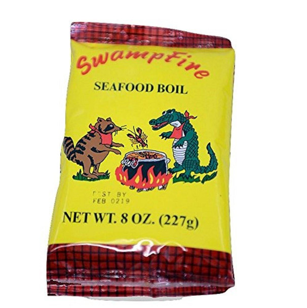 Oak Grove Smokehouse Swamp Fire Boil 8oz, packaged seafood boil with colorful cartoon swamp animal illustrations on yellow and red packaging.