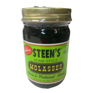 Steen's Molasses 11.5 oz jar, black molasses in a glass jar with a green and yellow label and gold lid.