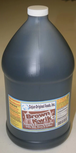 Cajun Original Brown Kwik Gravy and Meat Browning Sauce 128oz, large gray plastic bottle with white cap and label for gravy, meat, stews, and gumbos.